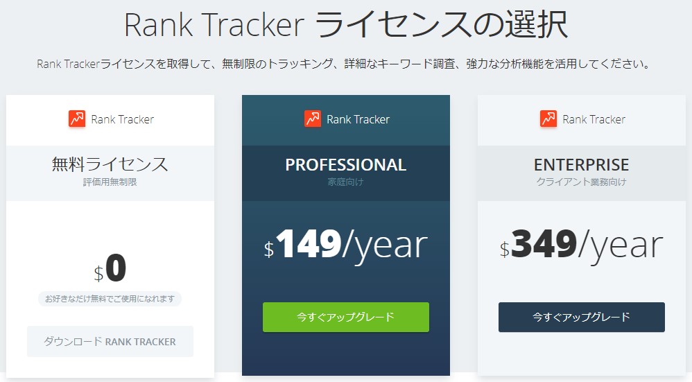 Rank Trackerライセンスの選択画面